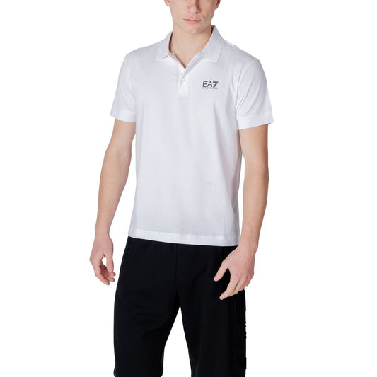 Man wearing EA7 Emporio Armani White Cotton Polo Shirt, displaying elegant design and EA7 logo.