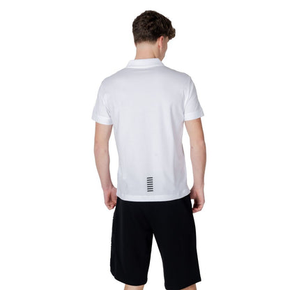 Back view of EA7 Emporio Armani White Cotton Polo Shirt modeled by a man, highlighting the casual style and comfortable fit for everyday wear.