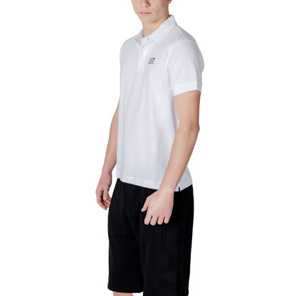 Model wearing EA7 Emporio Armani White Cotton Polo Shirt with short sleeves and logo, paired with black shorts, side view