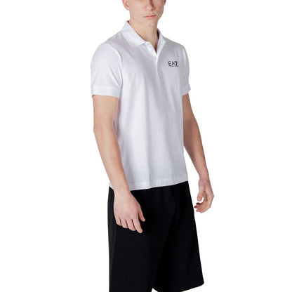 Model wearing EA7 Emporio Armani White Cotton Polo Shirt, showing logo detail and short-sleeve fit.