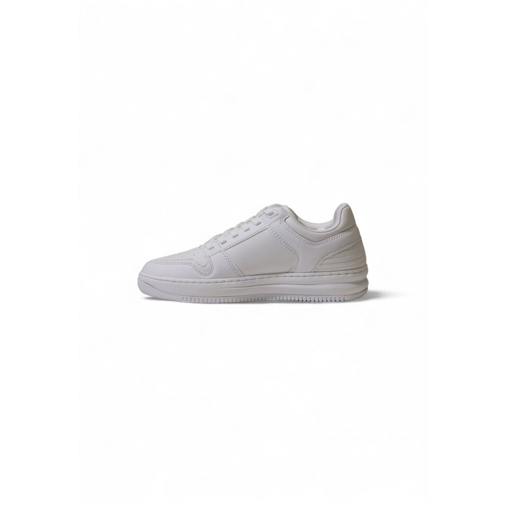 EA7 Emporio Armani White Polyester Athletic Sneakers side view on white background.