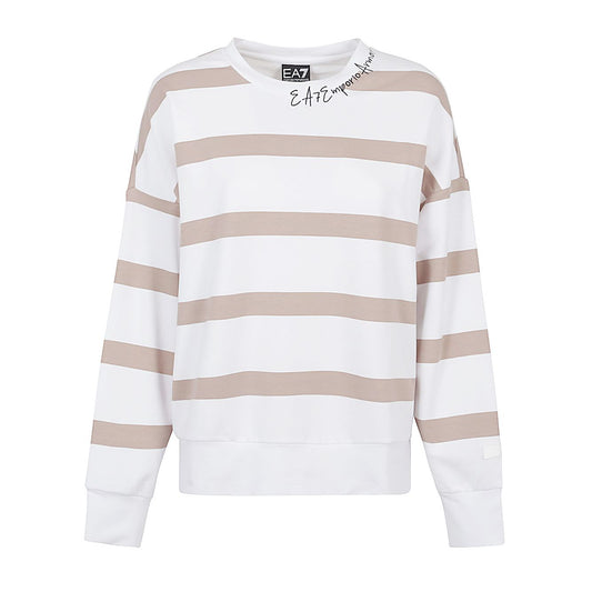 EA7 Sweaters Beige - Stretch cotton crew-neck sweatshirt with beige stripes and EA7 logo, suitable for everyday wear.