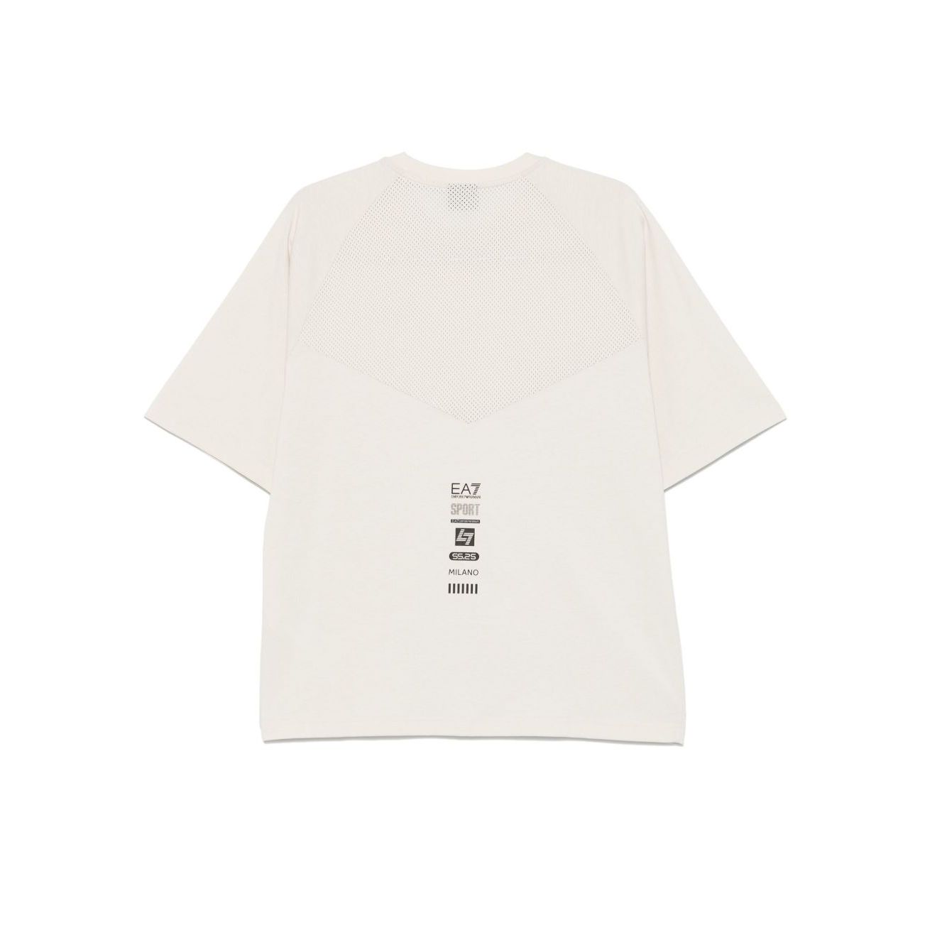 Back view of EA7 T-shirts and Polos Beige with ecru mesh panelling and logo, short sleeves, crew neck, straight hem, in cotton.