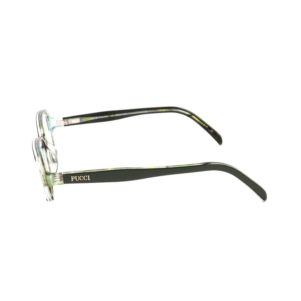 Side view of Emilio Pucci Bicolor Plastic Frames, transparent and black, with Pucci logo on the temple, women's eyewear.