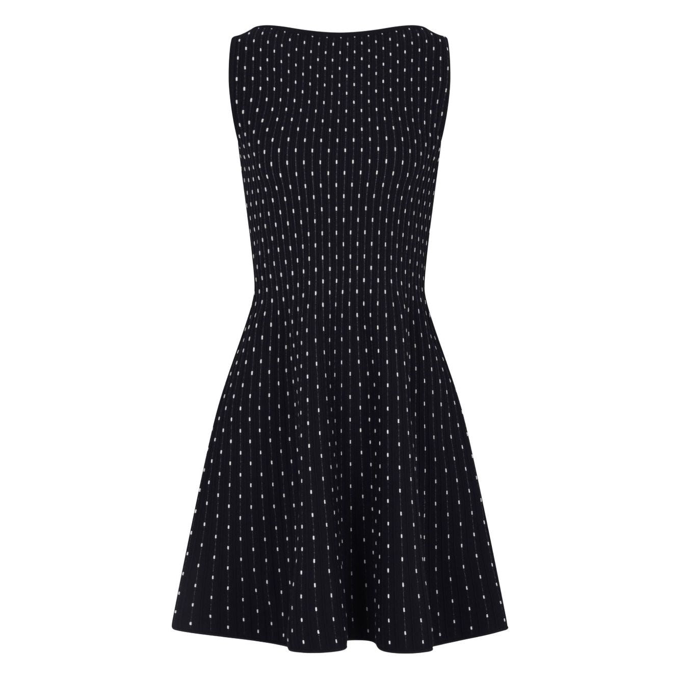 Emporio Armani Dresses Blue, navy blue sleeveless boat neck flared dotted short dress.