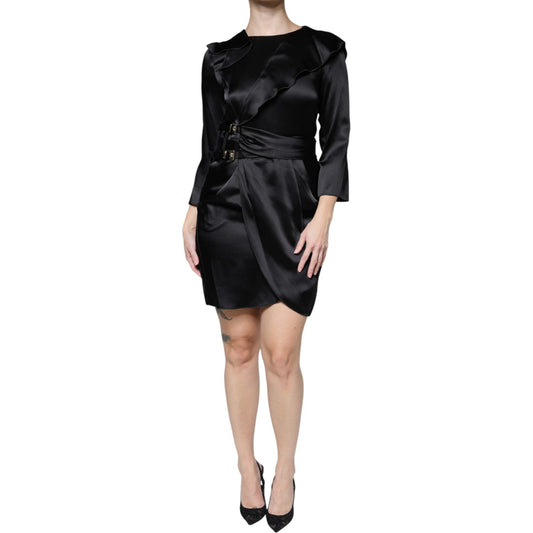 Emporio Armani Black Satin Long Sleeves Wrap Sheath Mini Dress DR81471-42
