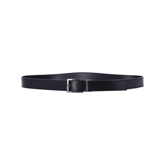Alt Tag: Emporio Armani Exclusive Leather reversible belt with black grained texture, silver-tone buckle, and engraved logo.