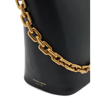 Close-up of black Emporio Armani Medium leather hobo bag with chain, featuring gold-tone chain detail and logo.