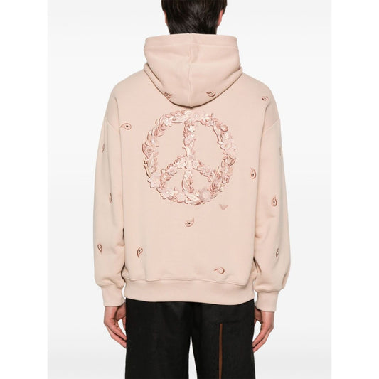 Back view of blush pink Emporio Armani Sweaters Powder with peace symbol design, organic cotton hoodie, drop shoulder style, ribbed cuffs and hem.