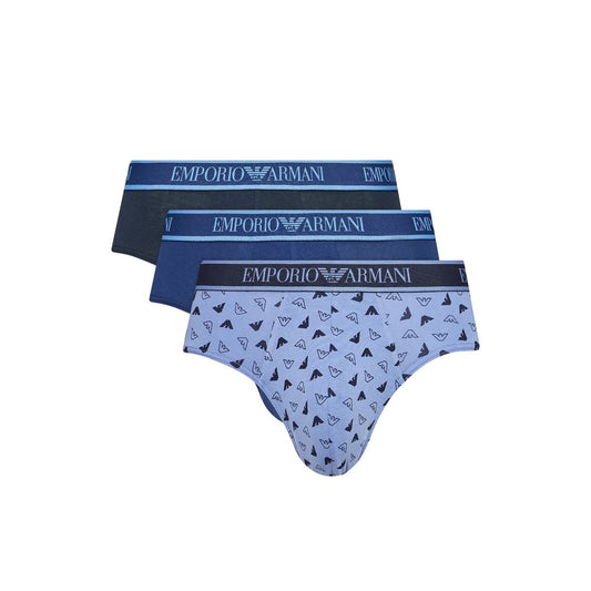 Emporio Armani Underwear Blue Cotton Underwear men's brief set of 3 with logo design, 100% cotton for comfort and elegance.