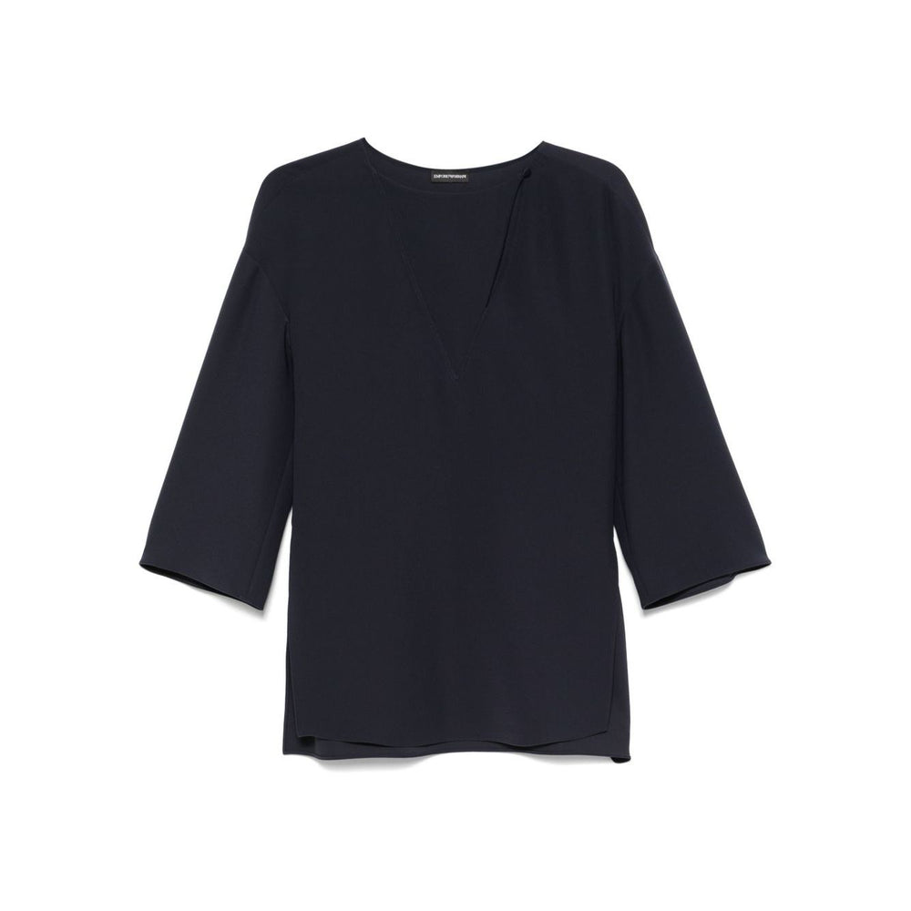 Emporio Armani cady blouse in oxford blue with front button fastening and side slits, drop shoulder design. Fits true to size.