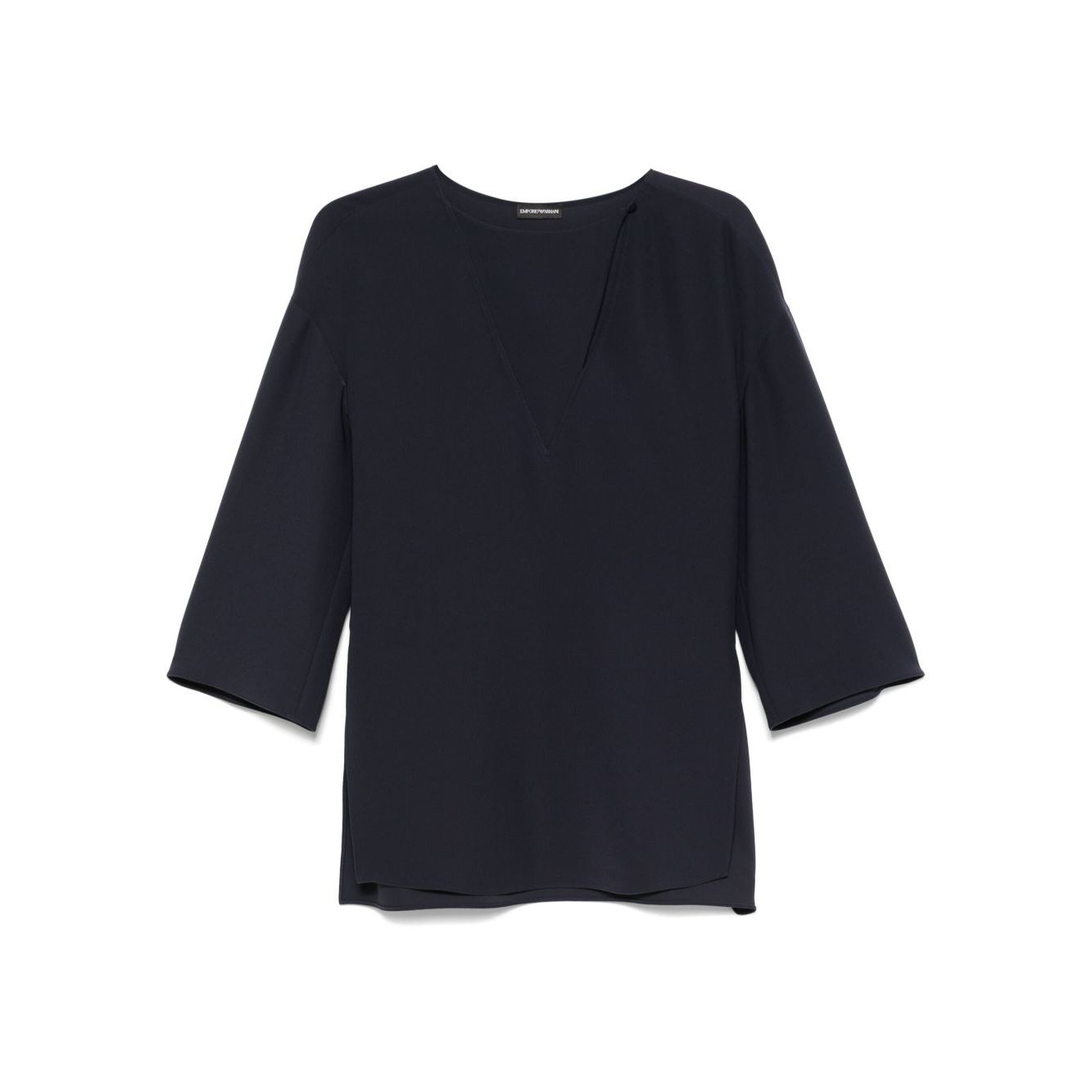 Emporio Armani cady blouse in oxford blue with front button fastening and side slits, drop shoulder design. Fits true to size.