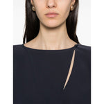 Emporio Armani cady blouse in oxford blue with front button fastening and side slits, close-up of neckline and drop shoulder design.
