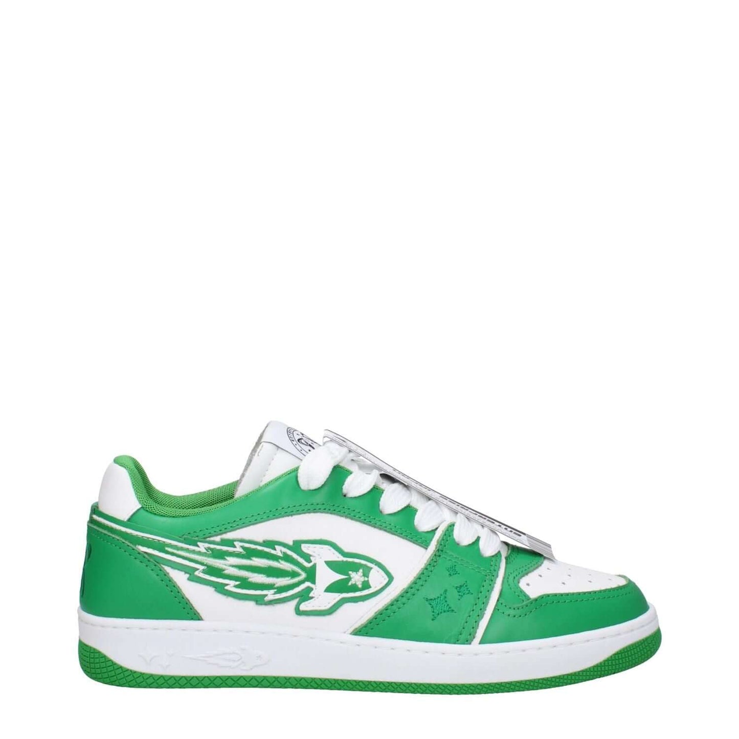 Alt Tag: Enterprise Japan Green Leather Low Top Sneakers with logo, lace-up closure, rubber sole, and white accents.