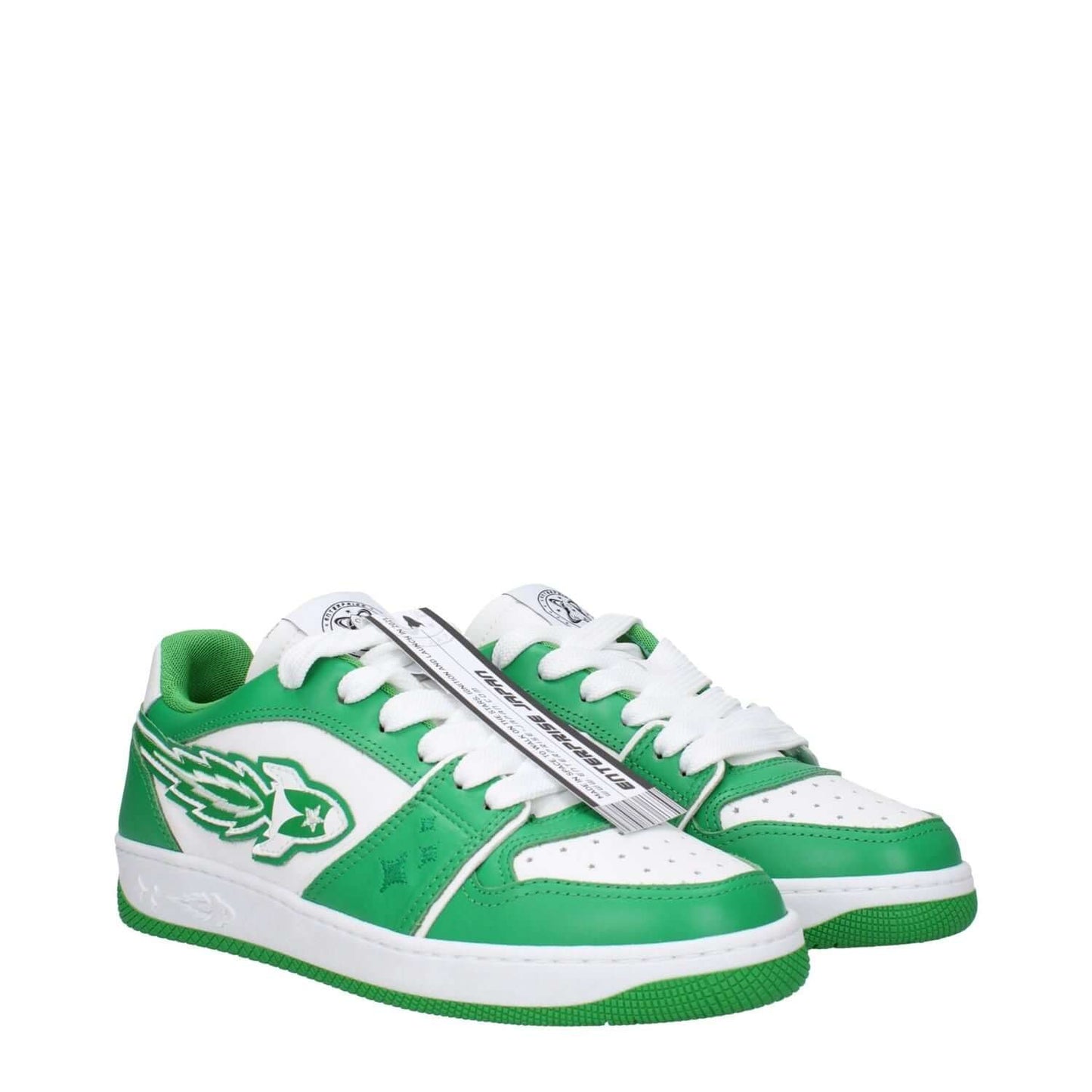 Enterprise Japan Green Leather Low Top Sneakers with front logo and lace-up closure, featuring a casual style and white accents.