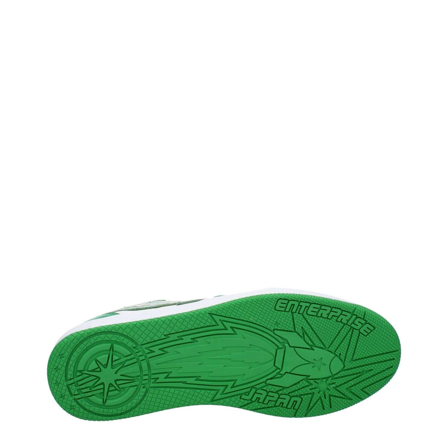 Sole view of Enterprise Japan Green Leather Low Top Sneakers with logo, rubber sole, and green color detailing.