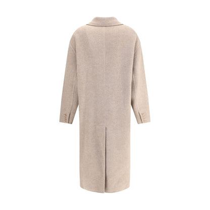 Back view of Ermanno Scervino Beige Wool Coat showcasing above-ankle length, made of 81% wool and 19% polyamide, with elegant design.