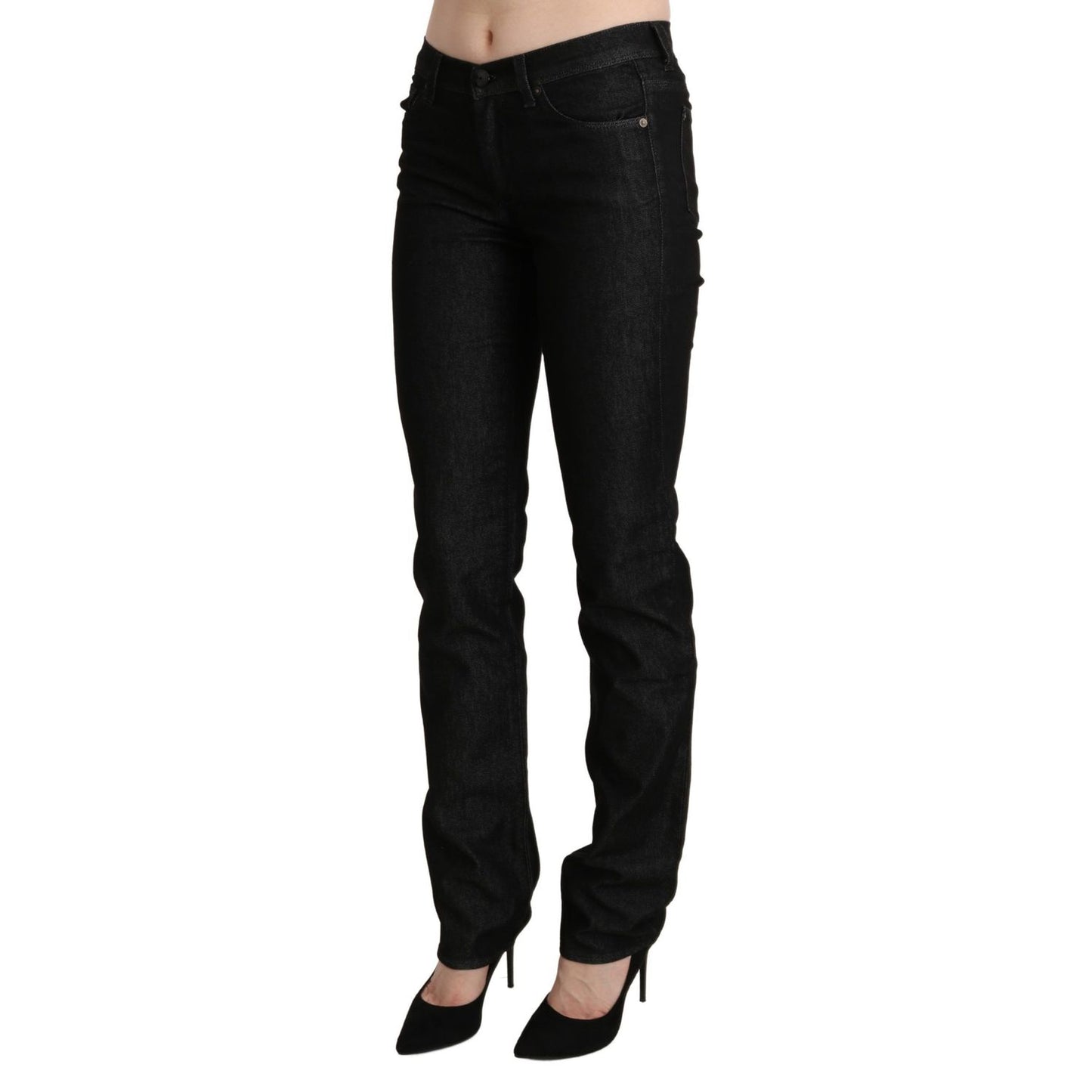Ermanno Scervino Black Mid Waist Skinny Slim Denim Trouser with zipper closure and logo details, made of 100% cotton.