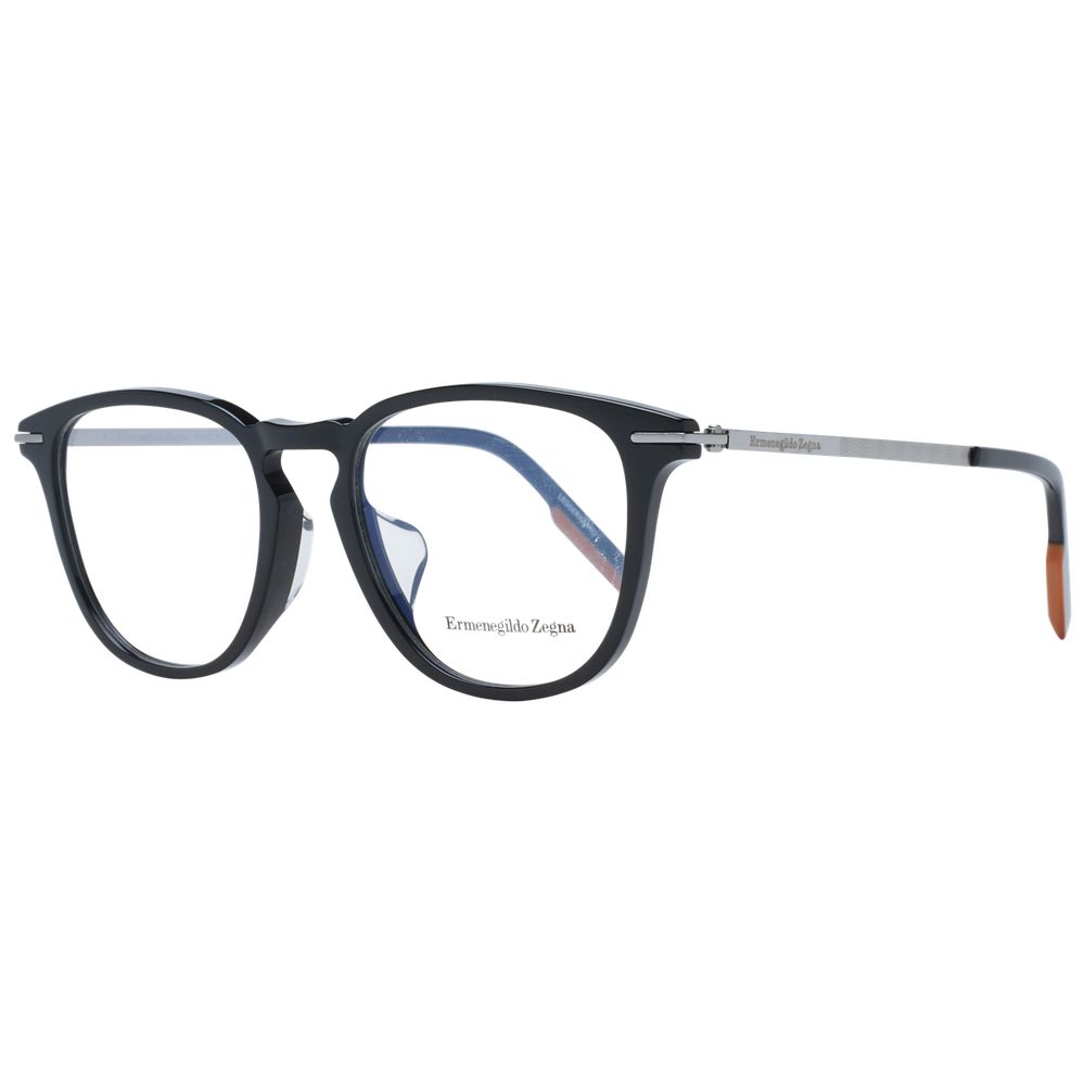 Ermenegildo Zegna Black Men Glasses Frame in full-rim round style with plastic construction, size 52-18-150, includes branded case.