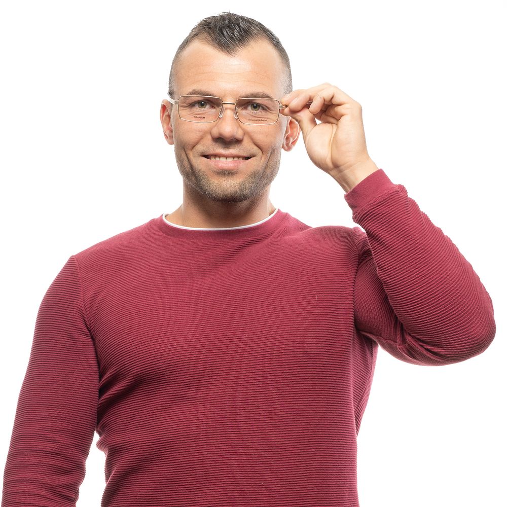 Man wearing Ermenegildo Zegna Gold Men Glasses Frame with titanium material and full-rim style, in a red sweater.