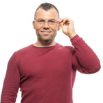 Man wearing Ermenegildo Zegna Gold Men Glasses Frame with titanium material and full-rim style, in a red sweater.