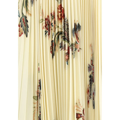 Close-up of Etro Yellow Polyester Midi Skirt with pleats and floral print, showcasing the signature romantic aesthetic in sablé fabric.