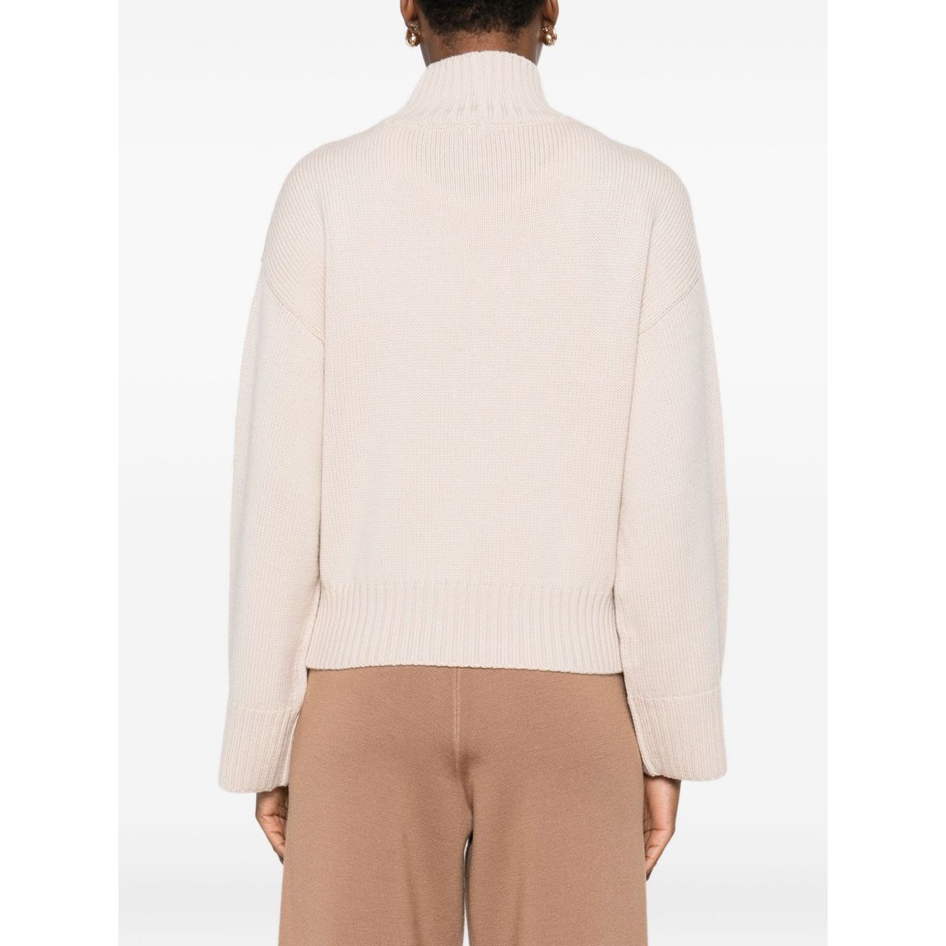 Back view of Fabiana Filippi Sweaters Powder in light beige with high neck and ribbed knit detail, worn by model in size 40 (IT)