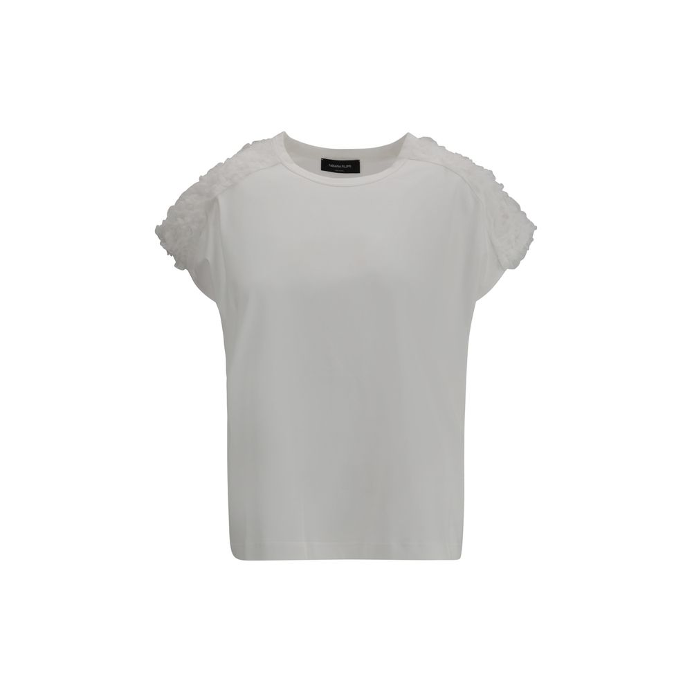 Fabiana Filippi T-Shirt with tulle appliqués, elegant crew-neck cotton top with delicate tulle details, SS25, made in Italy.