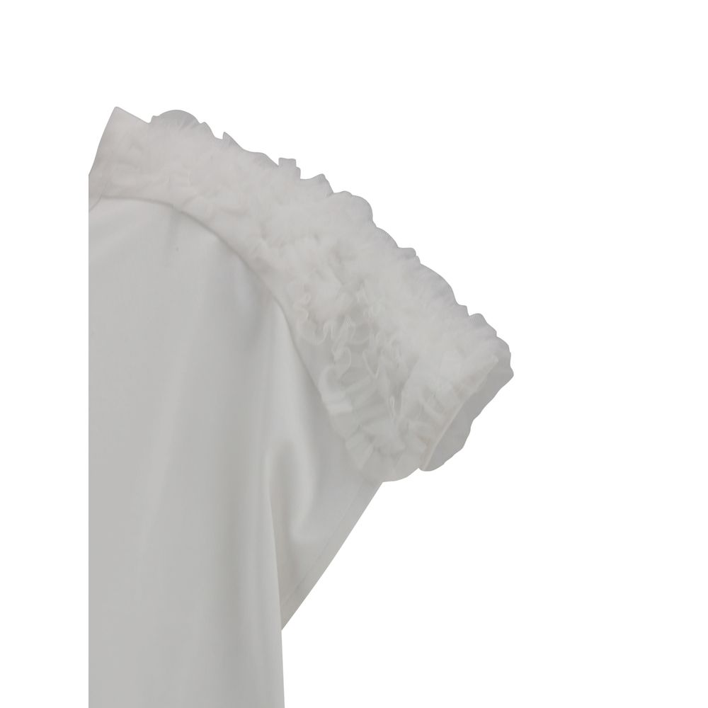 Sleeve detail of Fabiana Filippi T-Shirt with tulle appliqués, showcasing delicate feminine design in 100% cotton.