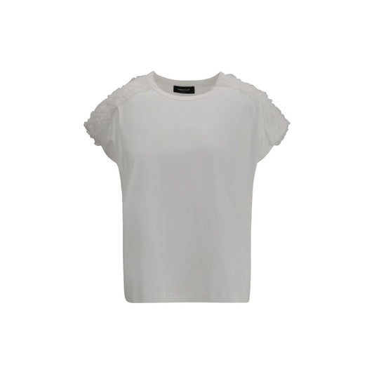 Fabiana Filippi T-Shirt with tulle appliqués, elegant crew-neck cotton top with delicate tulle details, SS25, made in Italy.