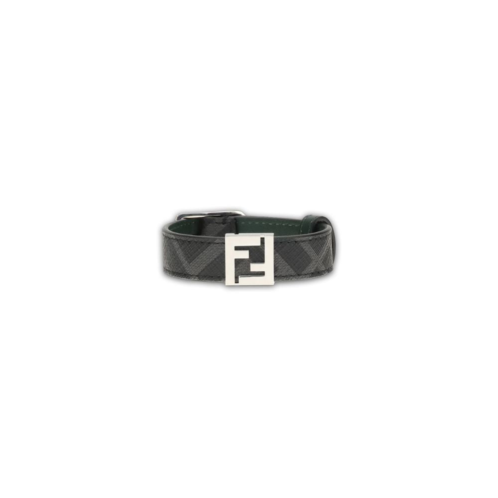Fendi Black Calf Leather Bos Taurus Bracelet with FF signature and palladium-finish, reversible design with black canvas and dark green leather interior.