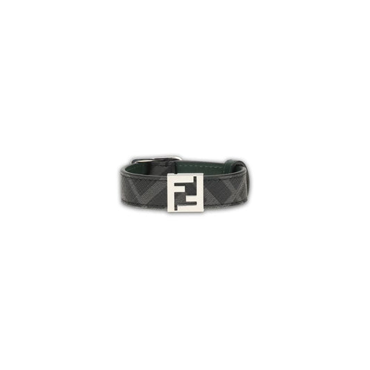 Fendi Black Calf Leather Bos Taurus Bracelet with FF signature and palladium-finish, reversible design with black canvas and dark green leather interior.