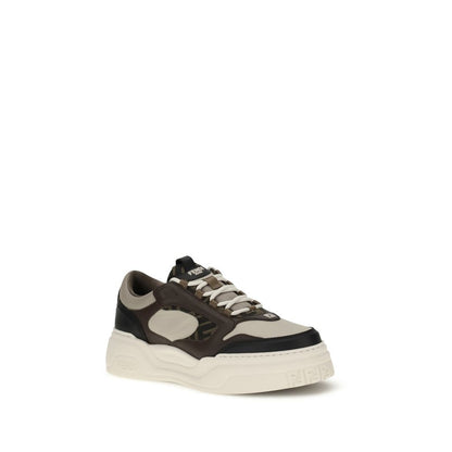 Fendi Black Calf Leather Bos Taurus Low Top Sneakers with paneled design and textured sole for comfort and style