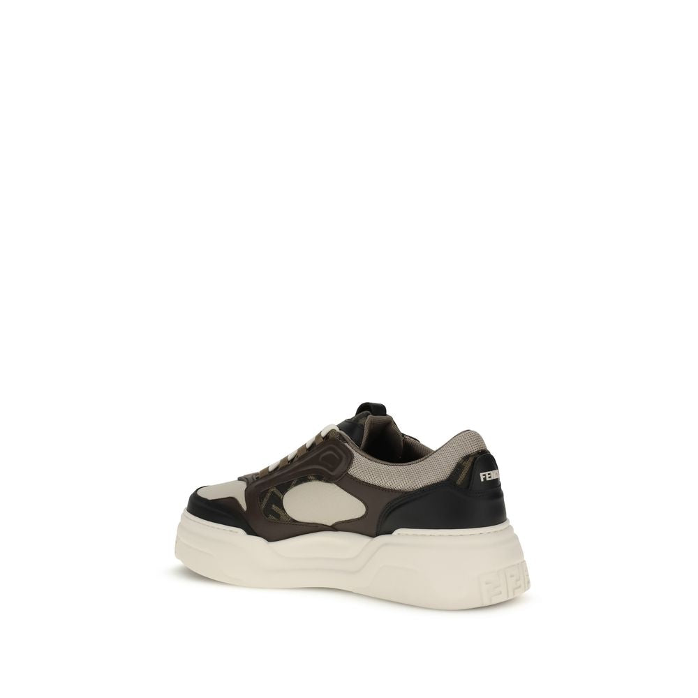 Fendi Black Calf Leather Bos Taurus Low Top Sneakers with paneled design and textured sole for comfort and style.
