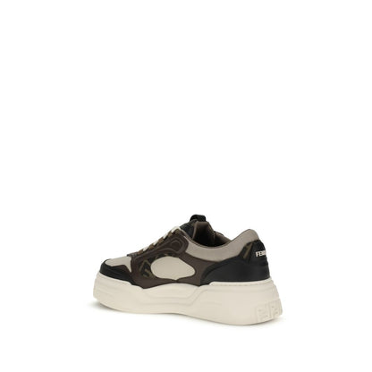 Fendi Black Calf Leather Bos Taurus Low Top Sneakers with paneled design and textured sole for comfort and style.
