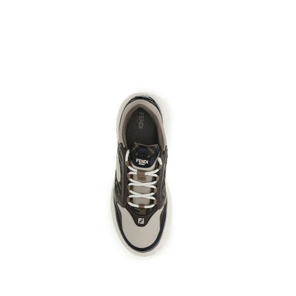 Fendi Black Calf Leather Bos Taurus Low Top Sneakers top view with lace-up closure and textured sole.