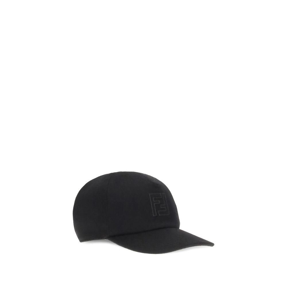 Fendi Black Wool Cap (Baseball Hat) with embroidered FF detail, combining sporty style with luxury in wool felt and cashmere.
