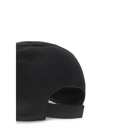 Fendi Black Wool Cap (Baseball Hat) with semi-rigid visor and embroidered FF detail, showcasing back design and material texture.