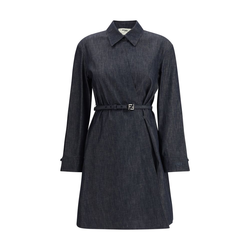 Fendi Blue Cotton Casual Dress with shirt-style collar and asymmetrical crisscross closure, featuring embroidered logo on sleeve.