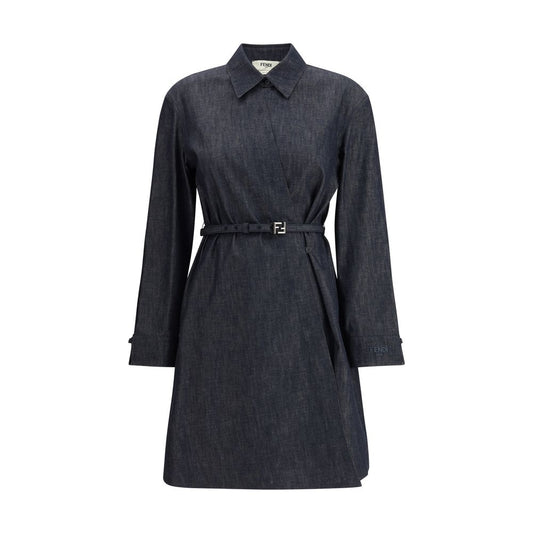 Fendi Blue Cotton Casual Dress with shirt-style collar and asymmetrical crisscross closure, featuring embroidered logo on sleeve.