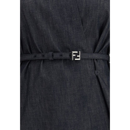 Close-up of Fendi Blue Cotton Casual Dress with logo belt and asymmetrical design