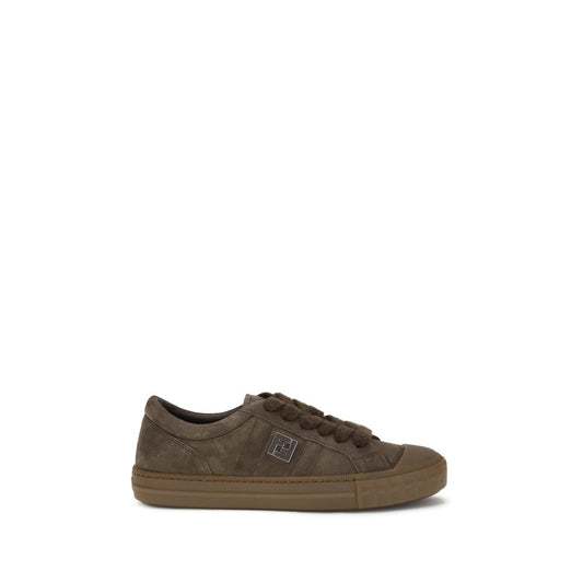 Fendi Brown Rubber Low Top Sneakers in brown suede with FF metal detail and mohair-blend laces, featuring an embossed FF motif rubber sole.