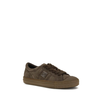 Fendi Brown Rubber Low Top Sneakers in suede with metal FF detail and mohair-blend laces, featuring embossed FF motif on rubber sole.