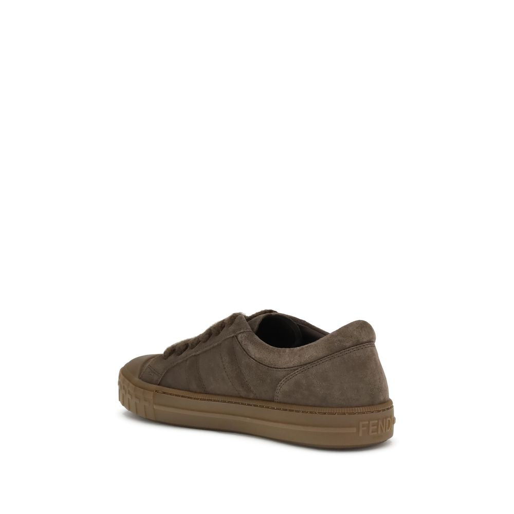 Fendi Brown Rubber Low Top Sneakers in soft suede with FF motif on crate sole, featuring ruthenium finish and mohair-blend laces.