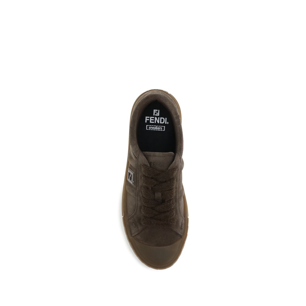 Top view of Fendi Brown Rubber Low Top Sneakers with mohair-blend laces and embossed FF motif on rubber sole.