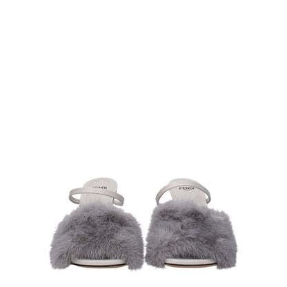 Alt Tag: Fendi Gray Mink Slippers with open toe, high heel, leather sole, and side logo. Casual style, light grey color, MPN 8R8212AHGHF1IDQ.