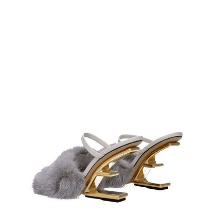 Fendi Gray Mink Slippers, high heel, open toe, leather sole, side logo, designed by Fendi, luxury sandals, light grey color, casual style.