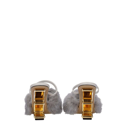 Fendi Gray Mink Slippers with side logo, high heel, open toe; leather heel and sole; view from back displaying gray mink design.