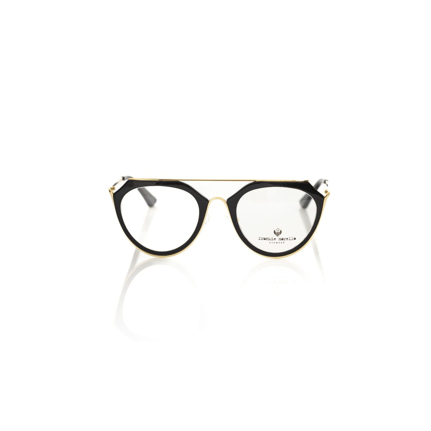 Frankie Morello Black Acetate Women Frame, sophisticated aviator eyeglasses with sleek black profile and gold accents for bold fashion statement.