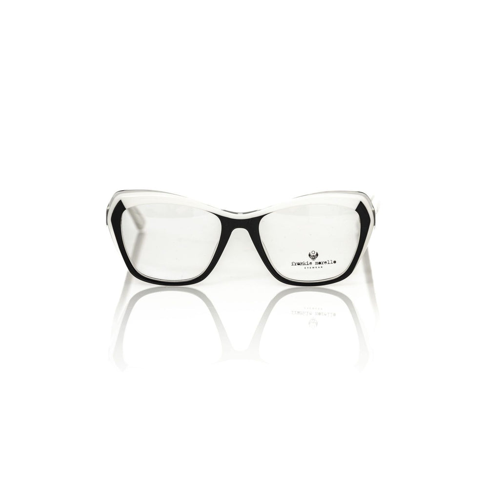Frankie Morello Black Acetate Women's Frame with chic cat eye design, features black frame accented by white and transparent details.